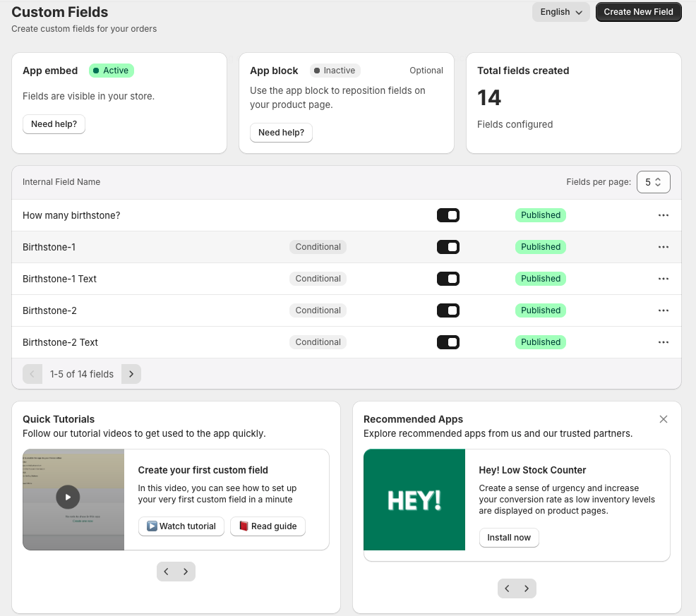How to add personalization option on Shopify: dashboard with multiple fields