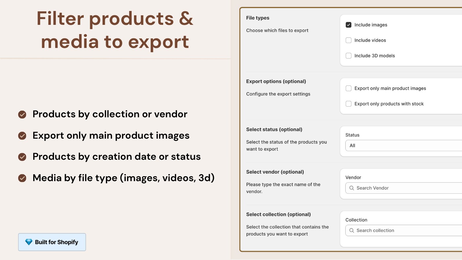 CS Export Product Images filter settings for exporting product media to a ZIP
