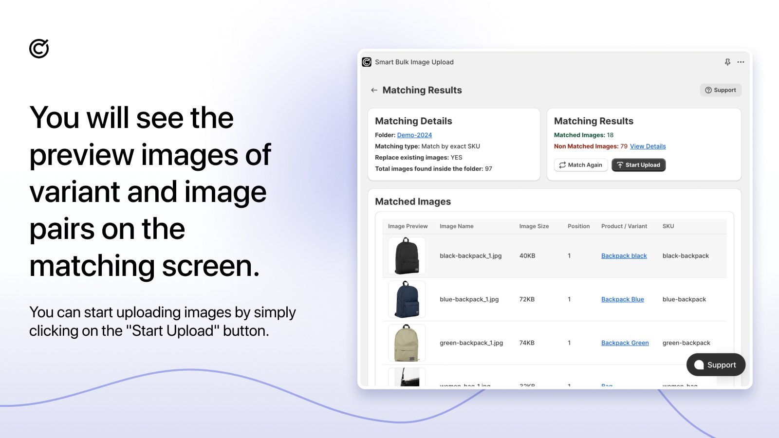 CS Smart Bulk Image Upload matching preview screen pairing images to variants by SKU