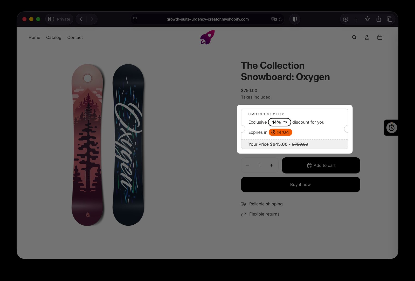 Growth Suite personal discount code with countdown timer on a Shopify product page