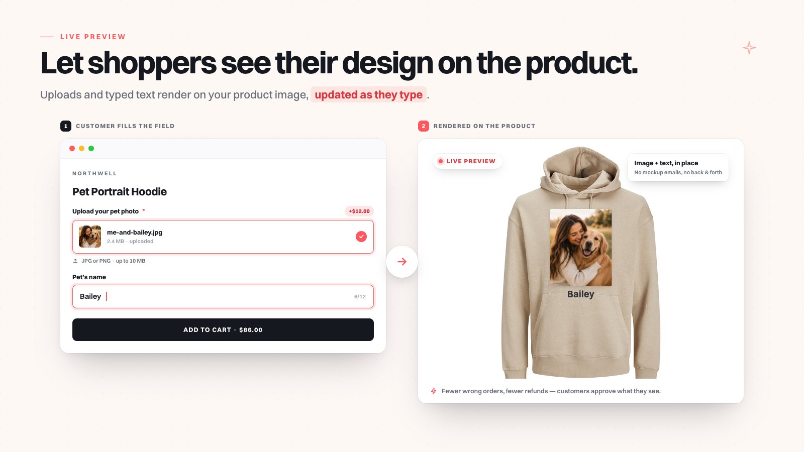 Mini:Custom Fields Personalize live preview of a personalized hoodie on the product page
