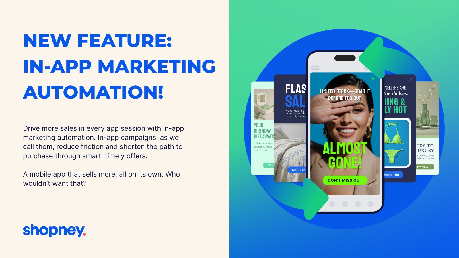 Shopney mobile app builder in-app marketing automation screens